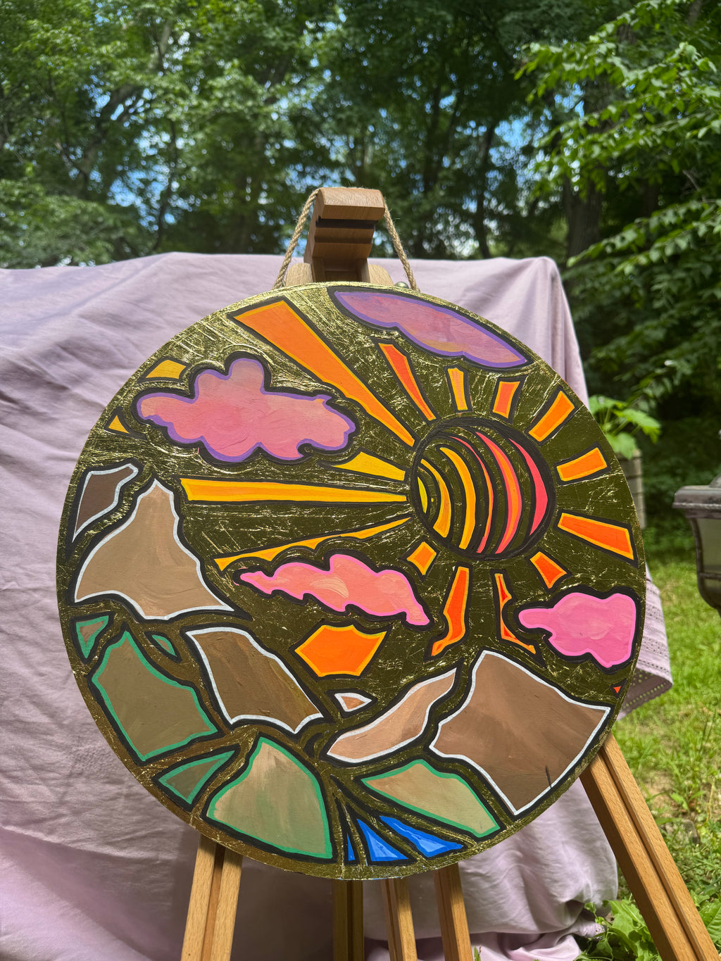 Painted Wall Hanging - Faux stained glass sunset
